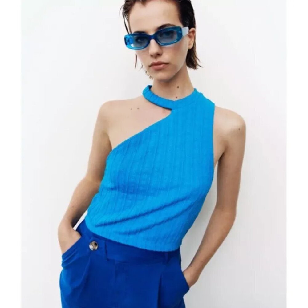 NWT Zara Asymmetric Blue Ribbed Knit Halter Top S Mod Crop Cropped Y2K